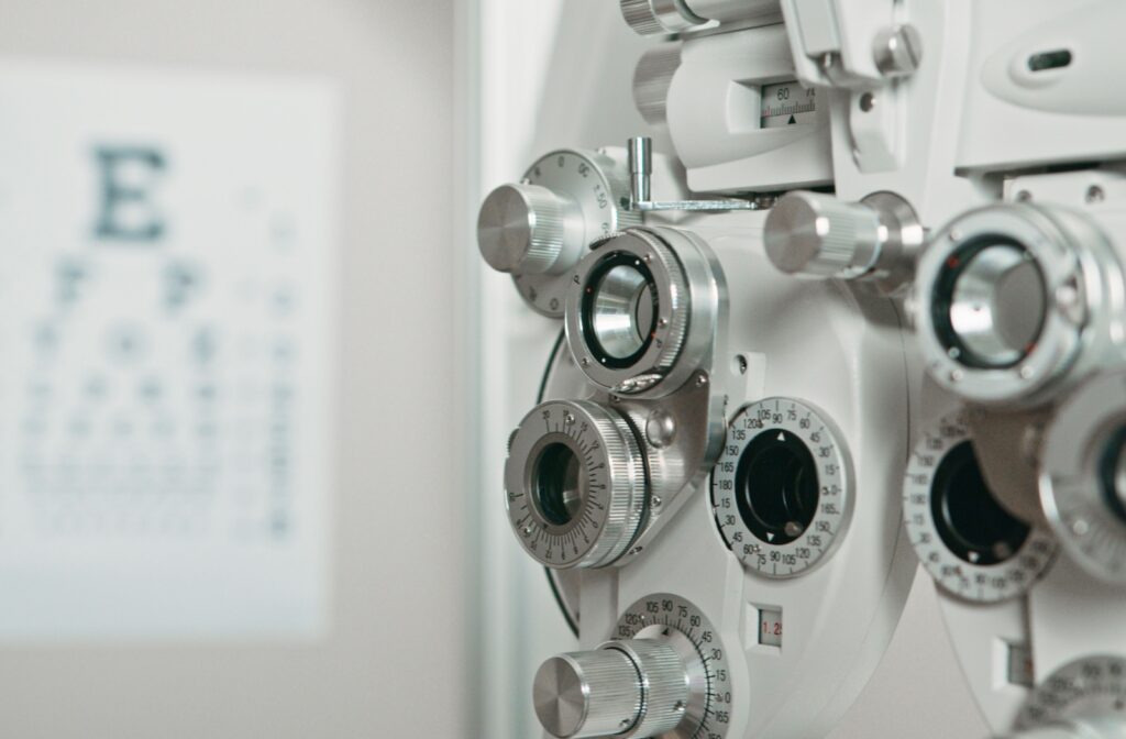 A close up of a phoropter in an eye exam room in Lake Elsinore, California.