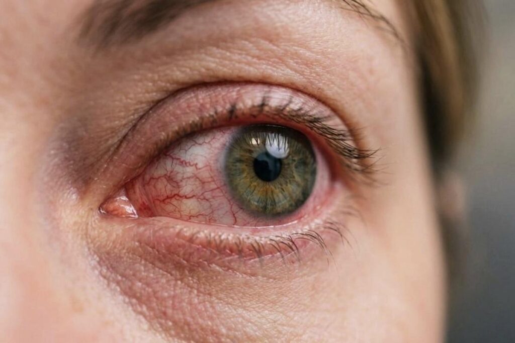 An close up of a bloodshot eye.