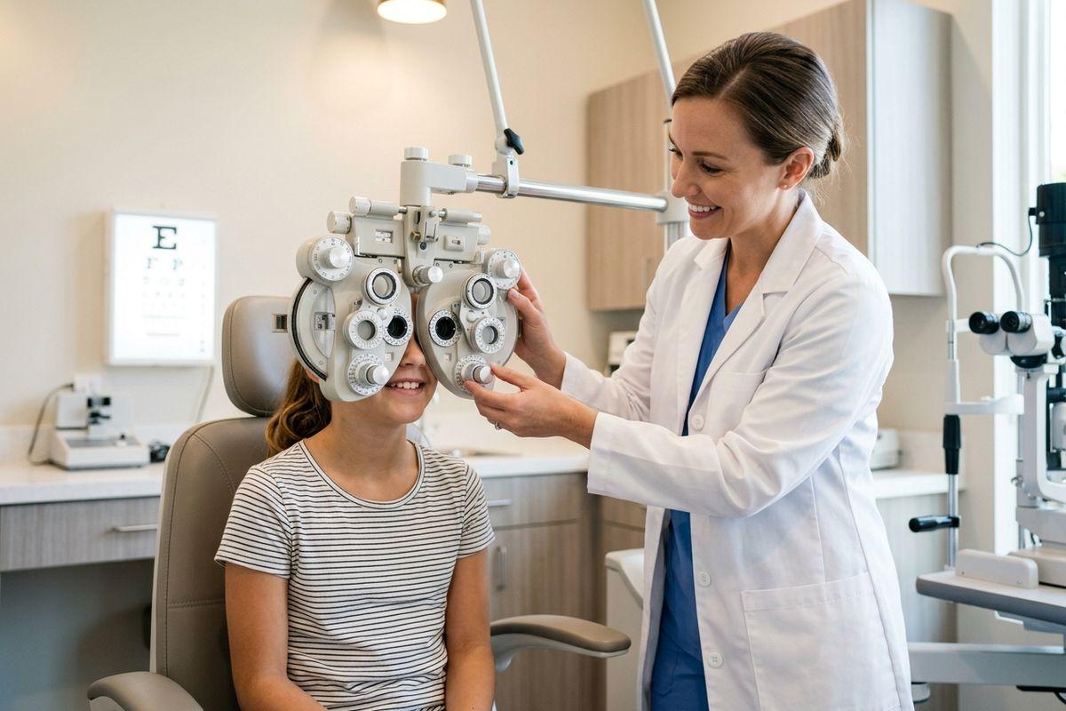 A smiling optometrist adjusts a phoropter for a child looking through the lenses in an exam room.