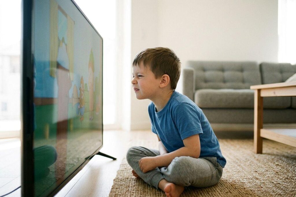 Child sitting on a living room rug, leaning very close to a television screen and squinting.