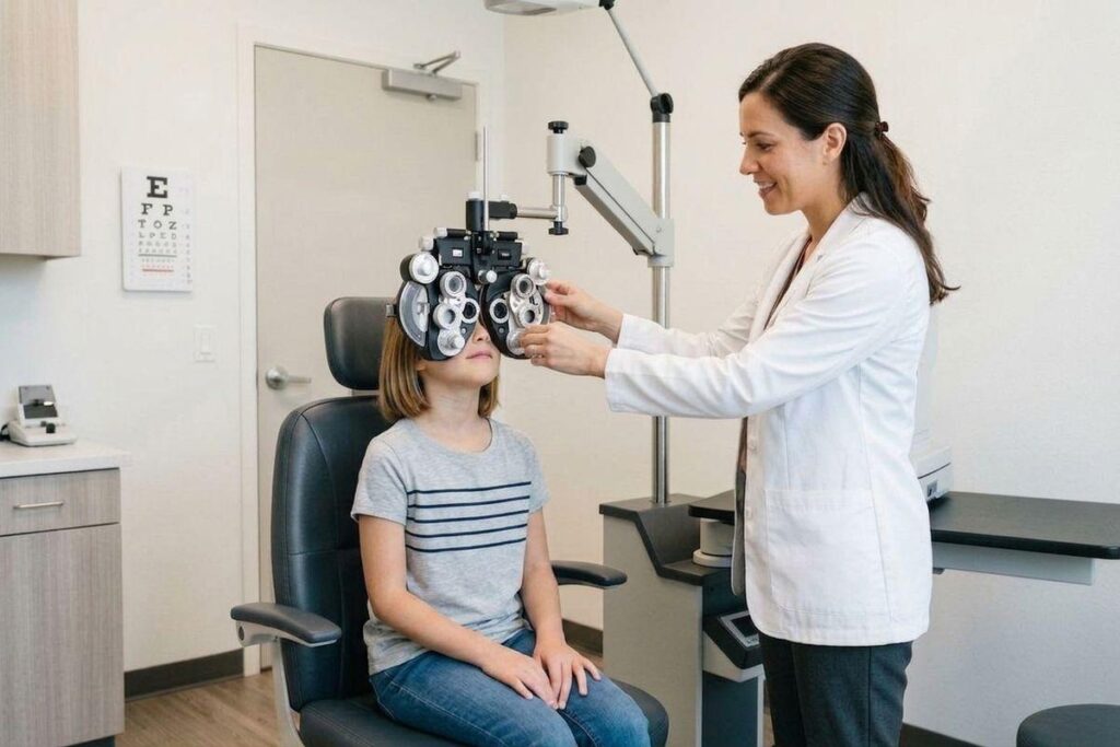 A smiling optometrist adjusts a phoropter over a seated child's eyes in a clinic room.