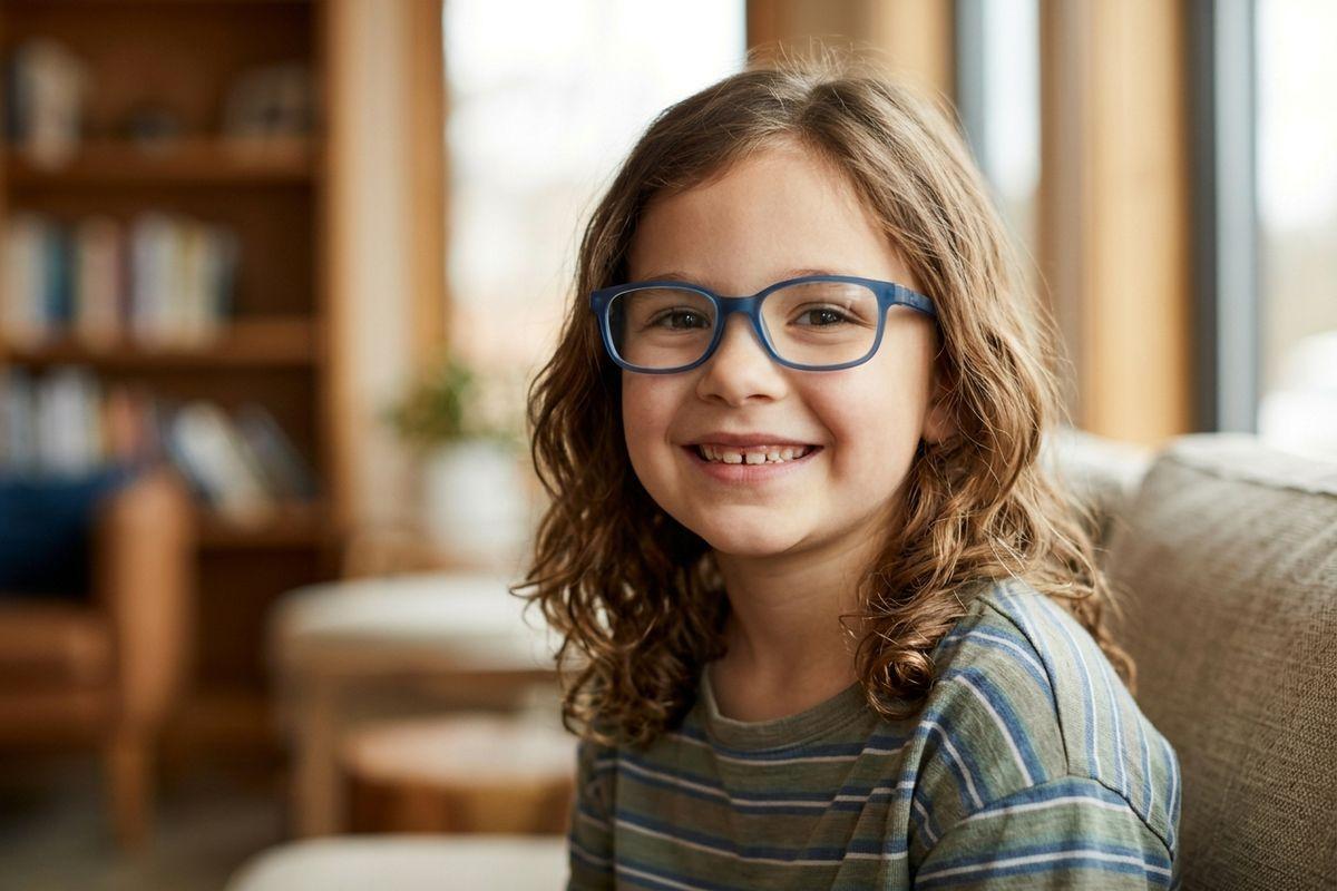 Smiling child with curly brown hair wearing blue glasses and a striped shirt, sitting indoors.