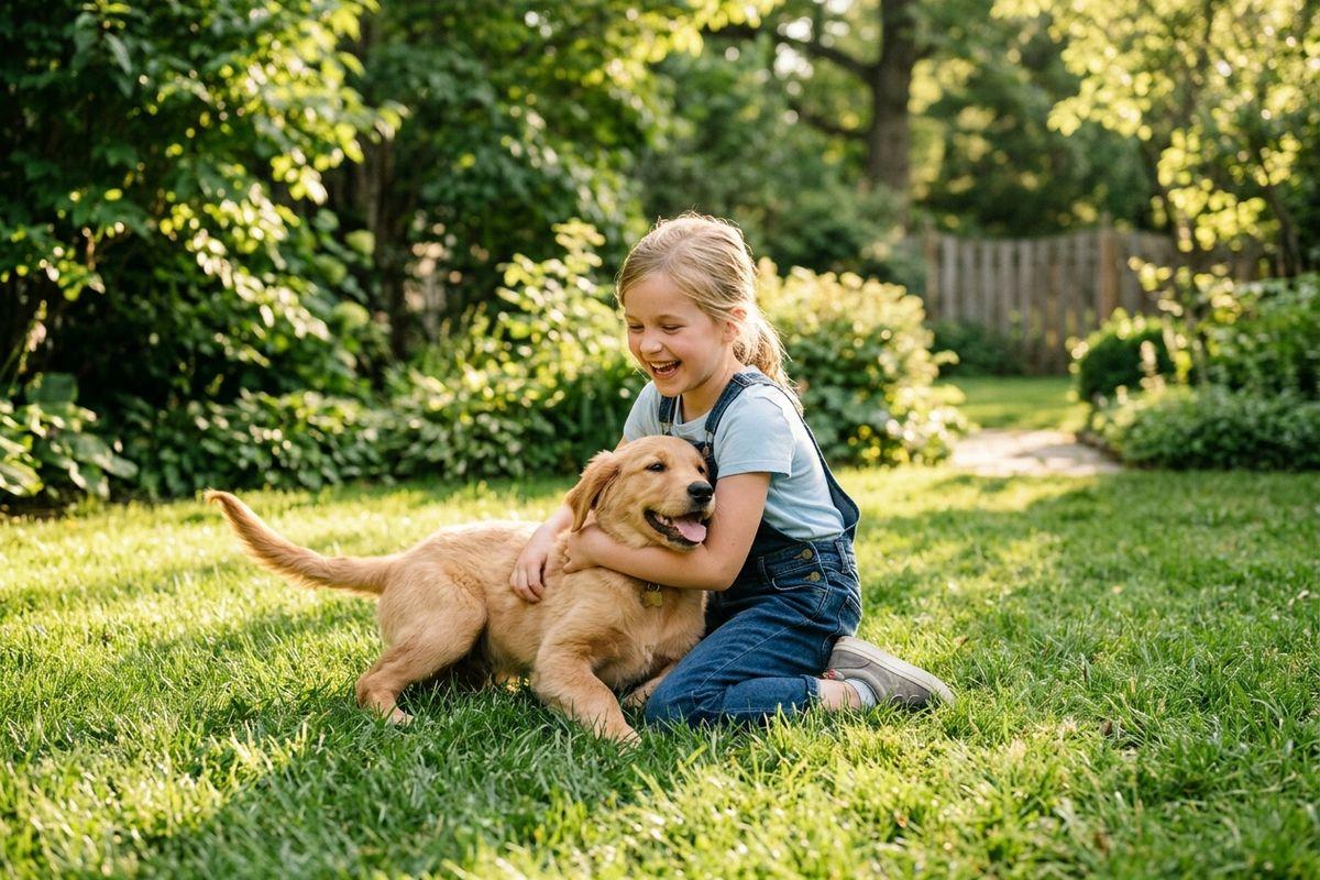 A smiling child sits on a grassy lawn hugging a golden dog.