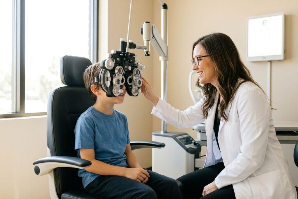 A smiling optometrist adjusts a phoropter for a seated child in an eye exam room.