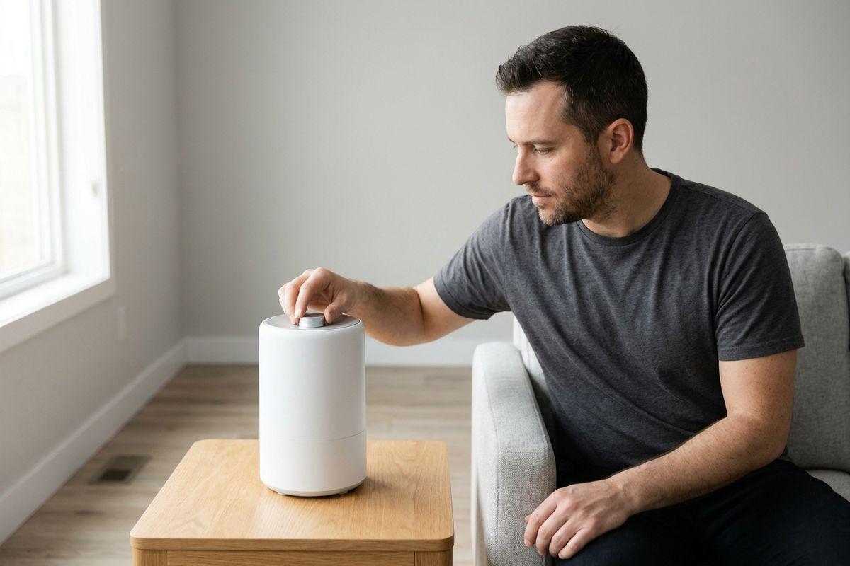 A focused adult sits on a sofa, reaching out to touch a dial on top of a humidifier on a wooden side table.