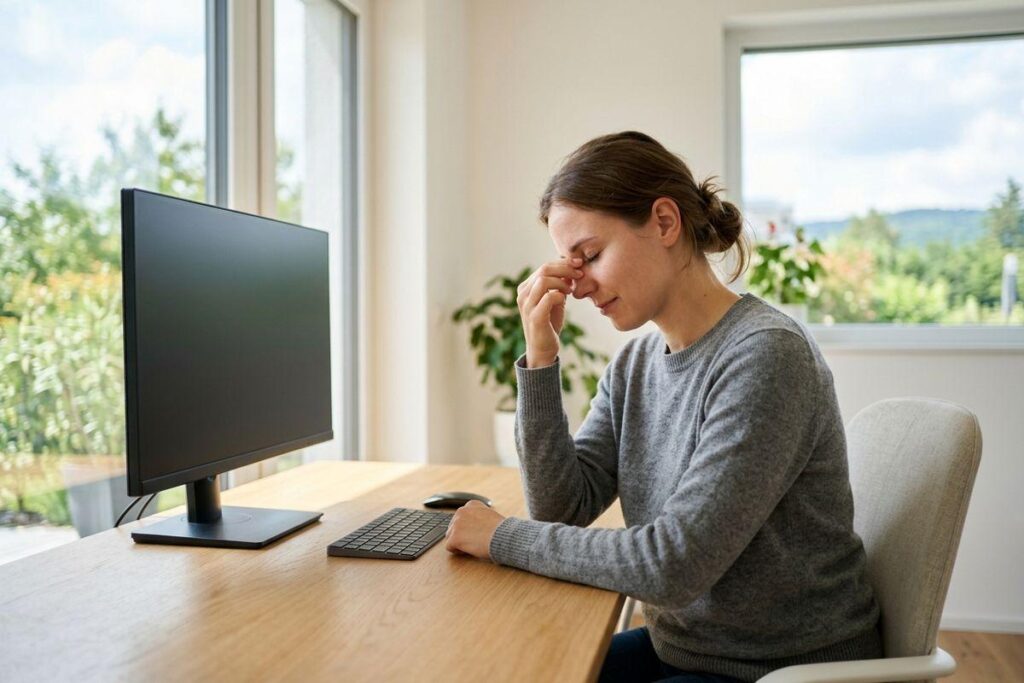 An adult sits at a desk in front of a blank computer monitor, eyes closed and pinching the bridge of their nose.